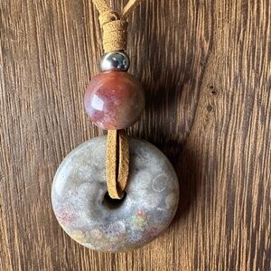 Boho Grey and Mixed Color Coral Fossil Donut Pendant, Moss Agate on Faux Suede